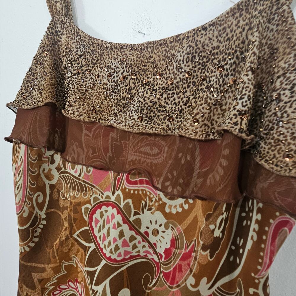 Y2K Fairy Top Brown Paisley Chiffon Asymmetric Ruffle Sleeveless Size Medium - Picture 4 of 5
